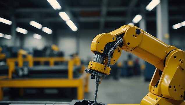 A close-up of a yellow robotic arm in a factory.