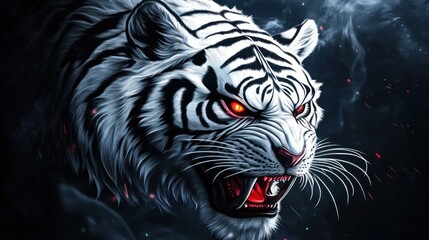 Angry white tiger head animal with sharp fangs dangerous red eyes background wallpaper desktop AI generated image