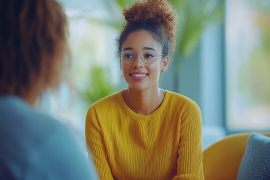 Caucasian female person having a job interview