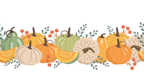 Autumn pumpkins and forest leaves and berries horizontal seamless border. Seasonal fall banner design for greeting. Illustration