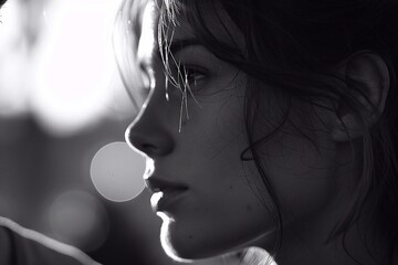 Portrait of a girl in black and white color looking dreamily to the side