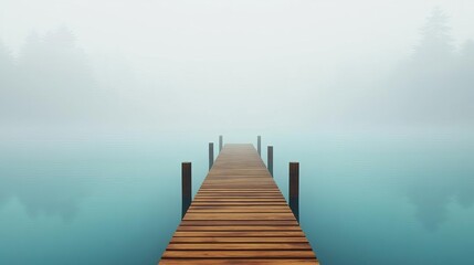 Fototapeta premium Lonely dock stretching into foggy lake, eerie stillness, 3D illustration