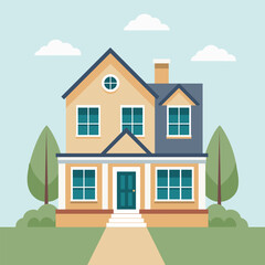 Cozy country house among green trees and bushes. Rural cozy cottage. Flat style illustration
