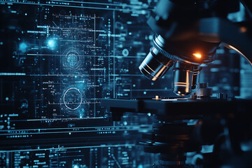 image of a medical microscope, symbolizing precision, scientific research, and advancements in healthcare technology with modern data connections