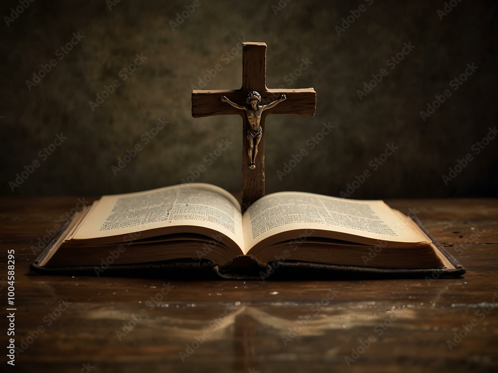 Poster a cross on an open book invites reflection on a rustic background.