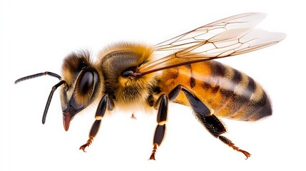 Honeybee Close-up: A detailed profile view of a honeybee, showcasing its intricate body structure and delicate features. Perfect for educational, scientific, or nature-themed projects.