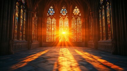 Sunlight streams through stained glass windows in a gothic cathedral.