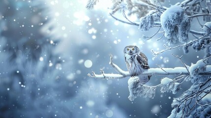 Majestic owl resting on a frosty tree branch in a serene, snowy forest landscape filled with beauty