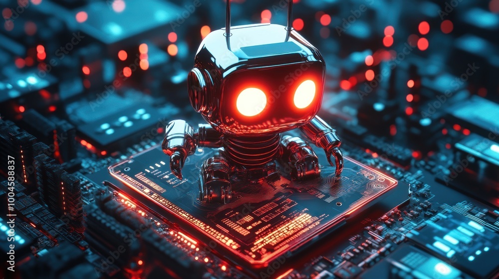 Poster smart cute robot on a microchip processor motherboard cutting edge technology concept background wal