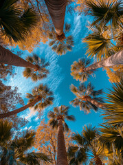 Photo of coconut palm trees from below, blue sky, tropical vibes.