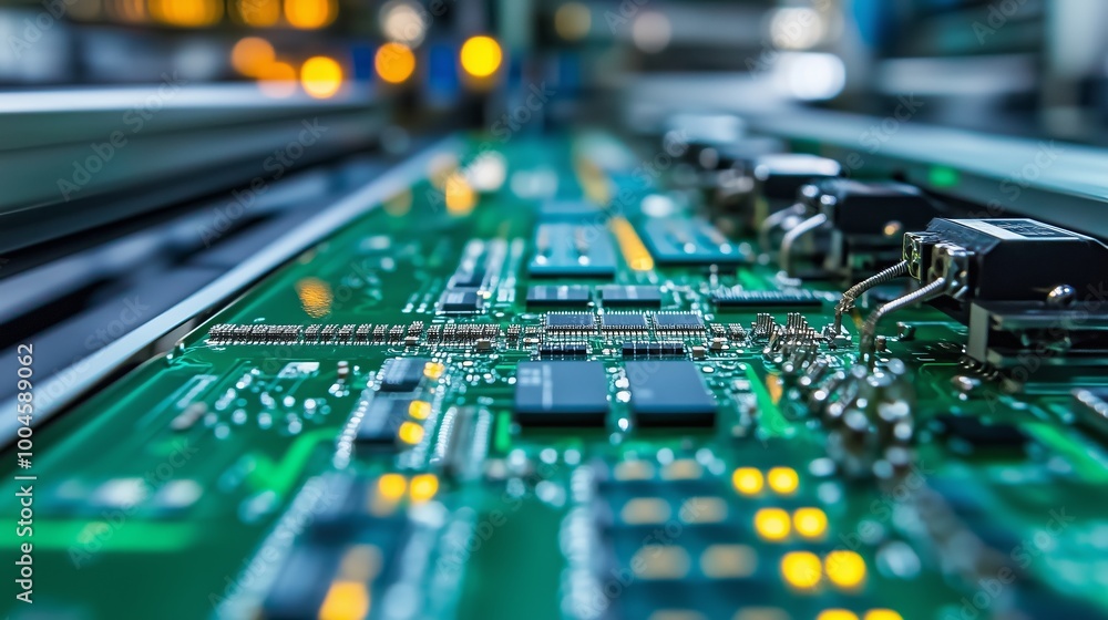 Poster detailed view of a circuit board with components on a production line inside a technology manufactur