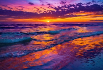 Fototapeta premium vibrant sunset casting radiant hues across calm ocean waves serene dusk landscape, beach, colors, reflection, tide, clouds, nature, sky, evening, beauty