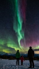 A family admires the colorful aurora borealis, watching green and purple lights dance in the sky.