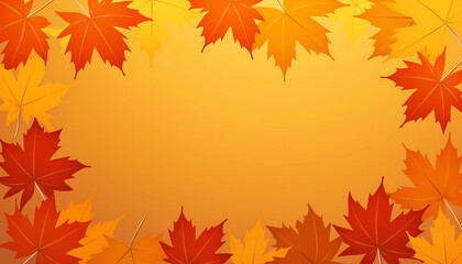 Fototapeta premium Autumn leaves frame on a warm orange background with copy space for text