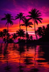 Obraz premium stunning silhouettes palm trees framed colorful sunset background, backdrop, beauty, balmy, clouds, composition, dreamy, dusk, exotic, foliage, glow