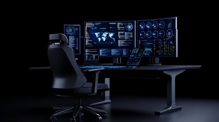 Cybersecurity Workstation: A sleek and modern workstation with multiple monitors displaying data and graphs, evoking a sense of digital security and technological advancement.  