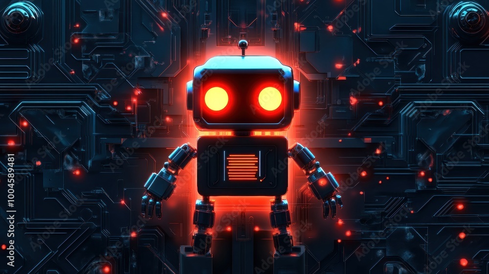 Poster smart cute robot on a microchip processor motherboard cutting edge technology concept background wal
