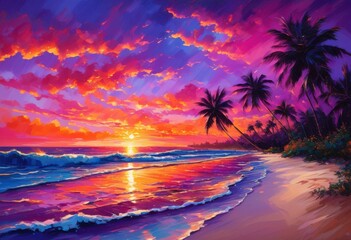 Fototapeta premium breathtaking vibrant sunsets glimmering over serene holiday beach destinations palms gentle waves, ocean, horizon, clouds, reflection, sea, light, colors