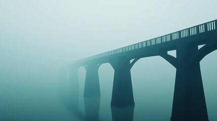 Old bridge lost in fog, faint silhouettes in the distance, 3D illustration