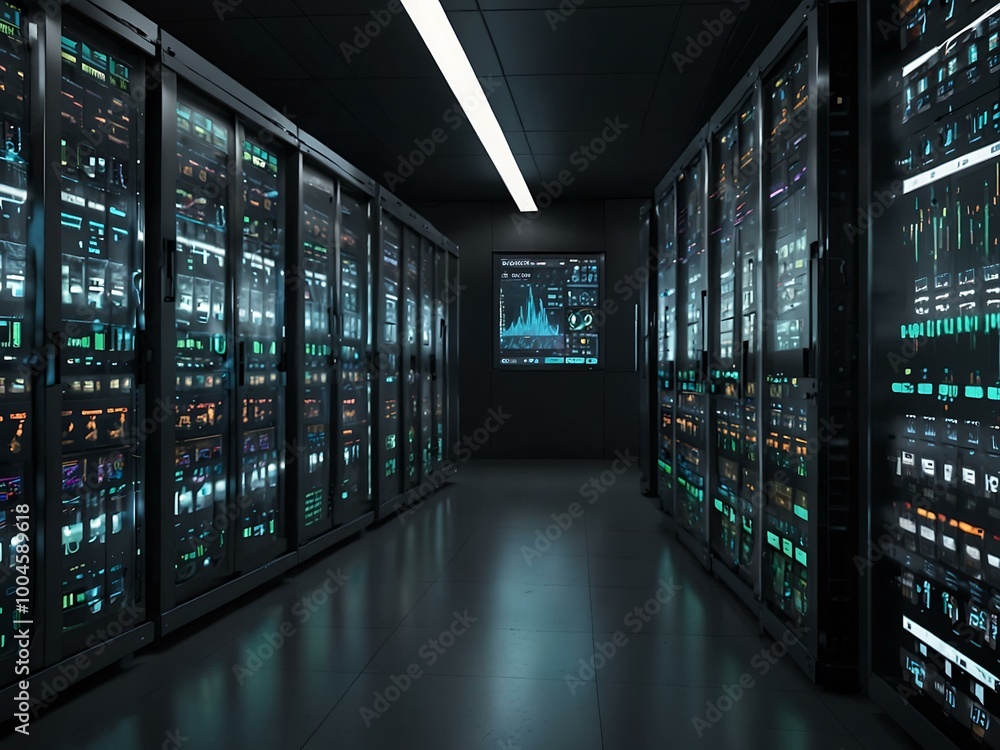 Poster a futuristic technology interface analyzes big data inside a server farm.