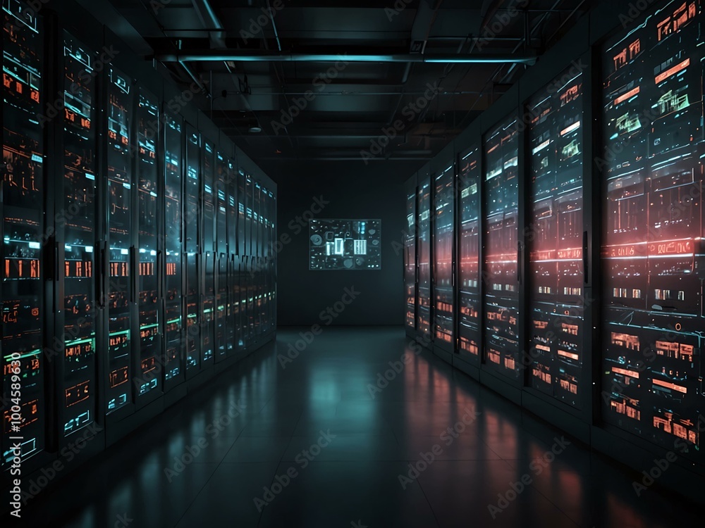 Poster a futuristic technology interface analyzes big data inside a server farm.