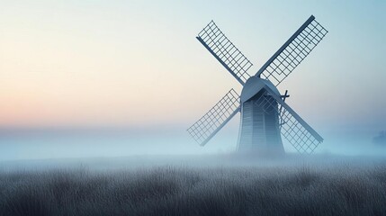 Fototapeta premium Old windmill in foggy field, turning slowly, 3D illustration