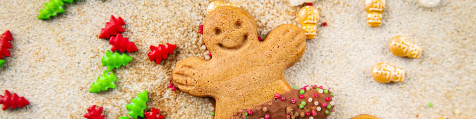 Gingerbread man ginger cookies christmas party delicious dessert christmas treat fresh delicious gourmet food background on the table rustic copy space top view