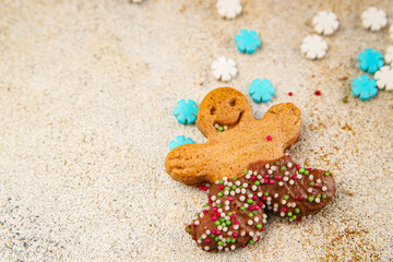 Gingerbread man ginger cookies christmas party delicious dessert christmas treat fresh delicious gourmet food background on the table rustic copy space top view