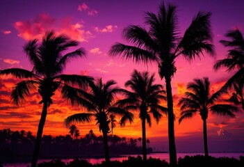 vibrant silhouettes palm trees set breathtaking sunset skyline dramatic color gradients, tropical, nature, landscape, orange, pink, blue, dusk, background