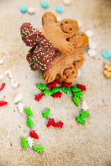 Gingerbread man ginger cookies christmas party delicious dessert christmas treat fresh delicious gourmet food background on the table rustic copy space top view