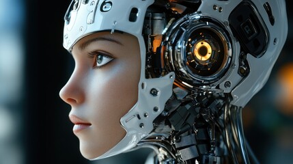 Fototapeta premium Cyberpunk girl robot head face with modern technology artificial intelligence background wallpaper AI generated image