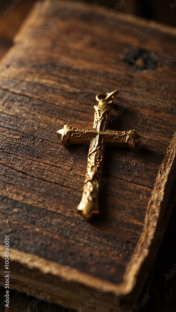 Poster a golden cross rests on an open book on a rustic wooden surface, bathed in soft light.