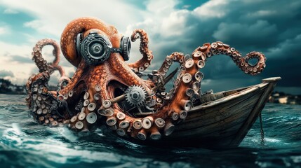 Fototapeta premium An intricately designed steampunk octopus, complete with gears and goggles, navigates a classic wooden boat while the waves crash around it, set against a dramatic twilight backdrop