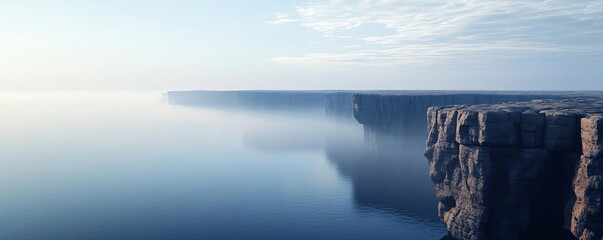 Rocky coastline, mist swirling around cliffs, 3D illustration