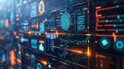 High-tech healthcare dashboard displaying glowing lines of code and innovative AI tools for medical providers