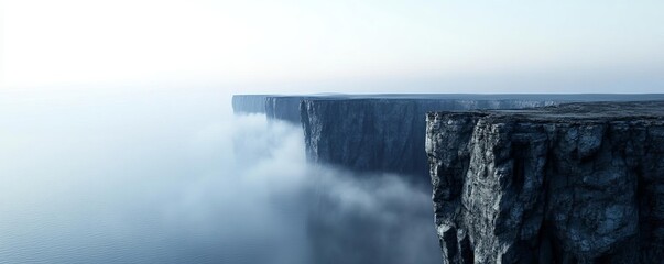 Rocky coastline, mist swirling around cliffs, 3D illustration
