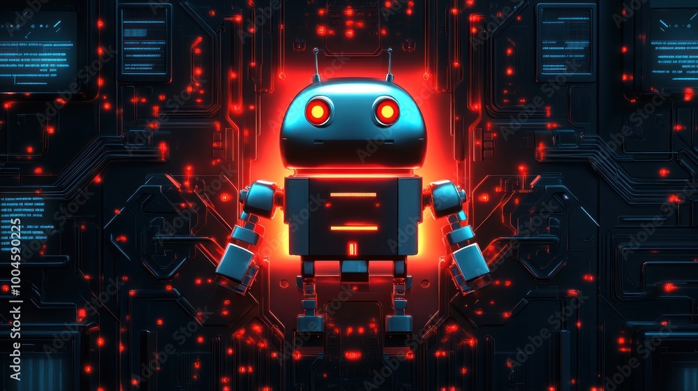 Poster smart cute robot on a microchip processor motherboard cutting edge technology concept background wal