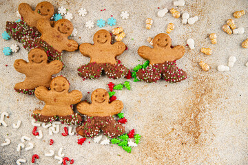 Gingerbread man ginger cookies christmas party delicious dessert christmas treat fresh delicious gourmet food background on the table rustic copy space top view