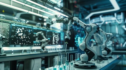 Automated robotic arms conducting chemical experiments in a high-tech laboratory with digital monitors displaying complex structures
