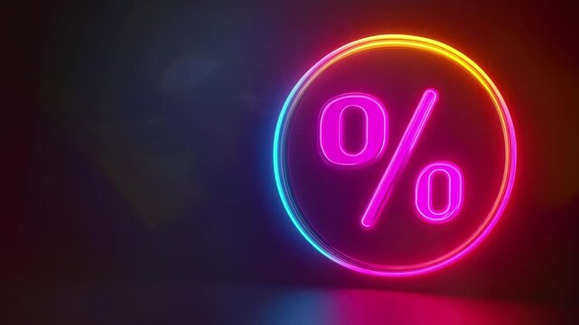 A colorful neon percentage sign illuminates the dark backdrop, perfect for promotions or sales