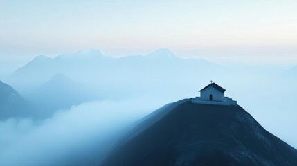 Secluded monastery in foggy mountains, quiet and isolated, 3D illustration