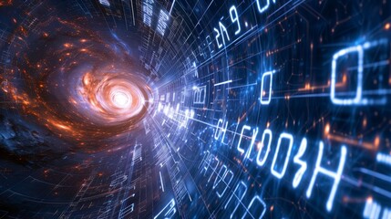 Cosmic entanglement illuminating mathematical equations against the expanding universe background