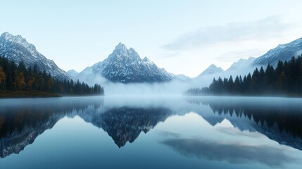 Fototapeta premium Serene mountain lake surrounded by fog, glassy reflection, 3D illustration
