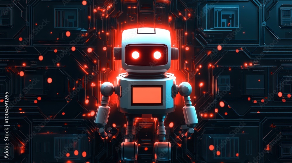 Poster smart cute robot on a microchip processor motherboard cutting edge technology concept background wal