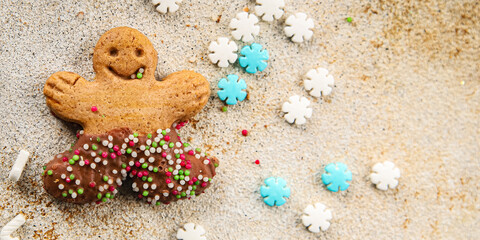 Gingerbread man ginger cookies christmas party delicious dessert christmas treat fresh delicious gourmet food background on the table rustic copy space top view