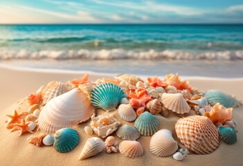 colorful seashell arrangement soft sandy surface creating visual contrast vibrant textures, beach, ocean, coastline, tropical, shoreline, nature, marine