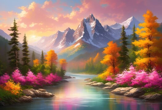 breathtaking scenic views travel agency marketing featuring majestic serene lush green forests various seasons, landscape, scenery, mountain, river