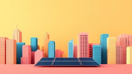 Colorful city skyline with solar panels showcasing eco-friendly urban development against a vibrant backdrop.