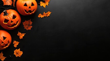 Festive Halloween scene featuring carved pumpkins and autumn leaves on a dark background, perfect for spooky decorations.