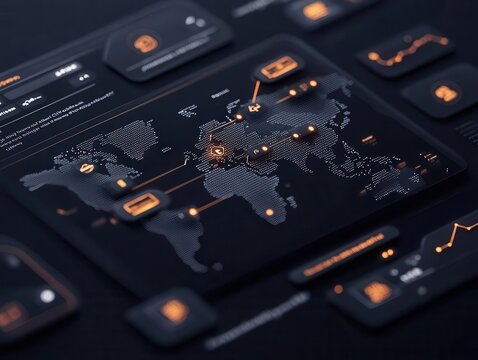 Autonomous financial system visualizing global payment flows, cross-border payments, fintech automation
